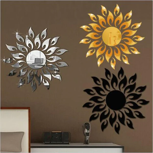 Gold Silver Black Color 3D Mirror Sun Flower Art Wall Sticker 1